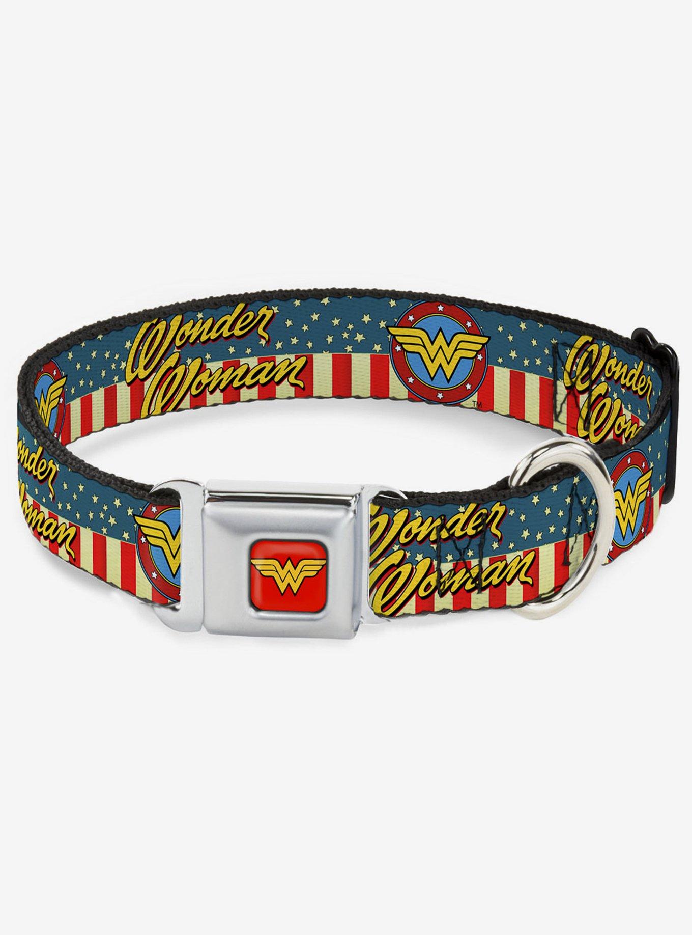 DC Comics Justice League Wonder Woman Logo Americana Seatbelt Buckle Dog Collar, RED, hi-res
