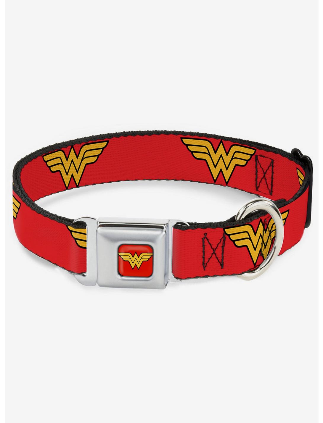 DC Comics Justice League Wonder Woman Logo Red Seatbelt Buckle Dog Collar, RED, hi-res