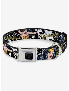 DC Comics Justice League Wonder Woman Stars Black White Seatbelt Buckle Dog Collar, , hi-res