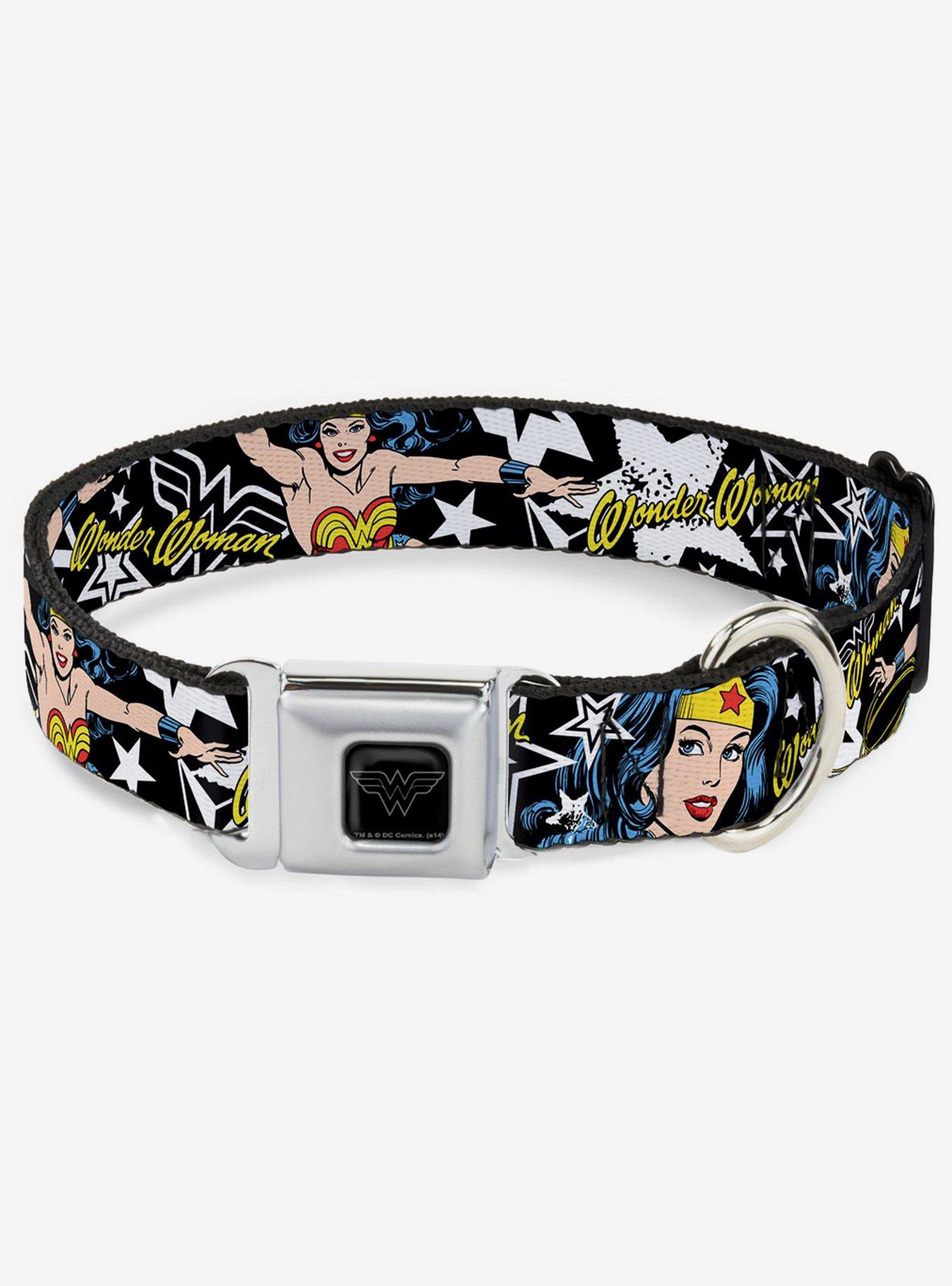 DC Comics Justice League Wonder Woman Stars Black White Seatbelt Buckle Dog Collar, BLACK, hi-res