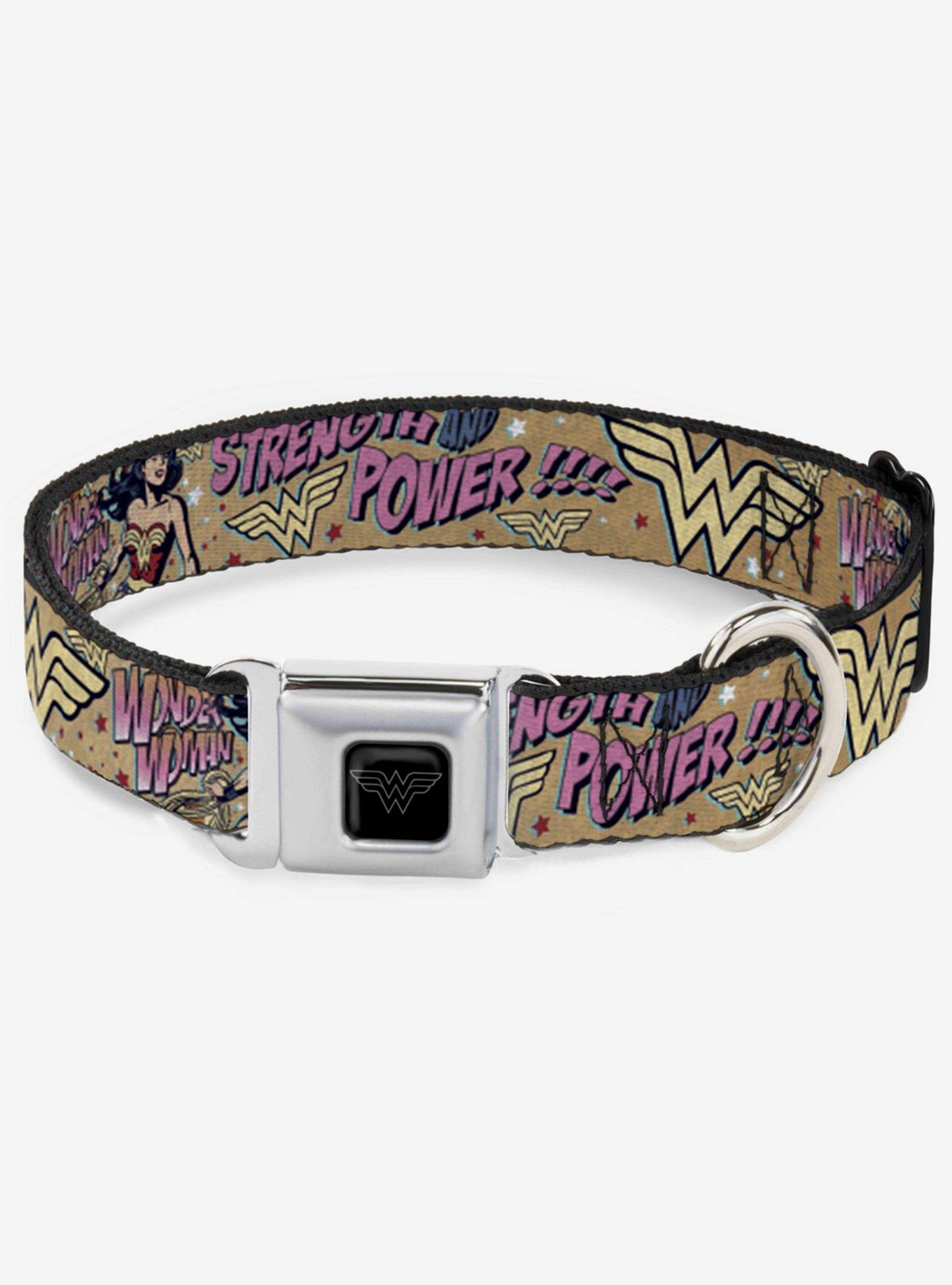 DC Comics Justice League Wonder Woman Strength Power Seatbelt Buckle Dog Collar, MULTICOLOR, hi-res