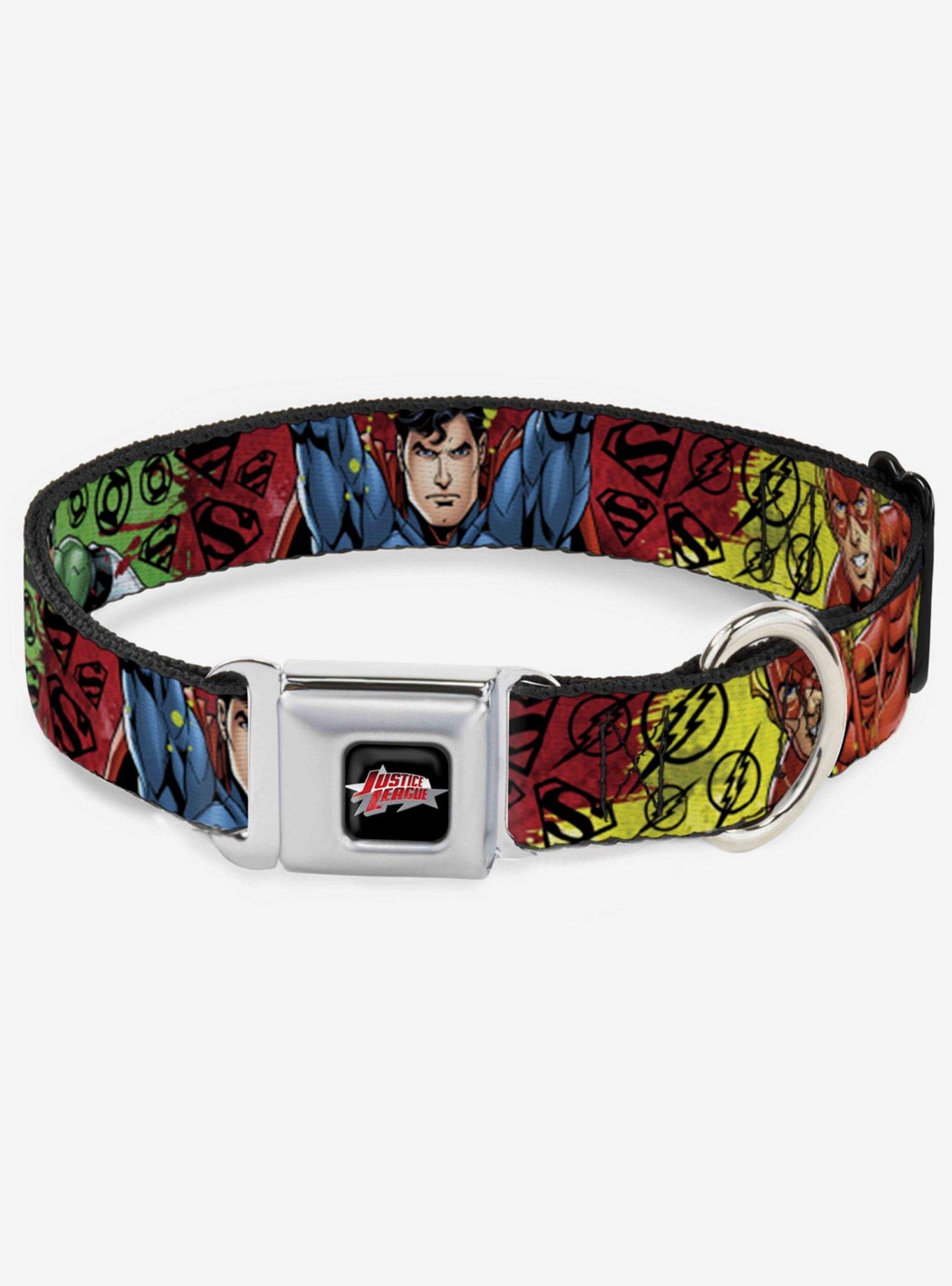 DC Comics Justice League 4 Superhero Poses Scattered Seatbelt Buckle Dog Collar, MULTICOLOR, hi-res