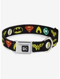 DC Comics Justice League 6 Superhero Logos Seatbelt Buckle Dog Collar, BLACK, hi-res