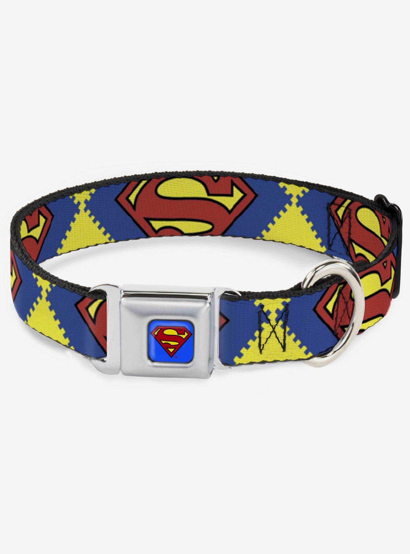 DC Comics Justice League Jagged Superman Shield Close Up Seatbelt Buckle Dog Collar, MULTICOLOR, hi-res