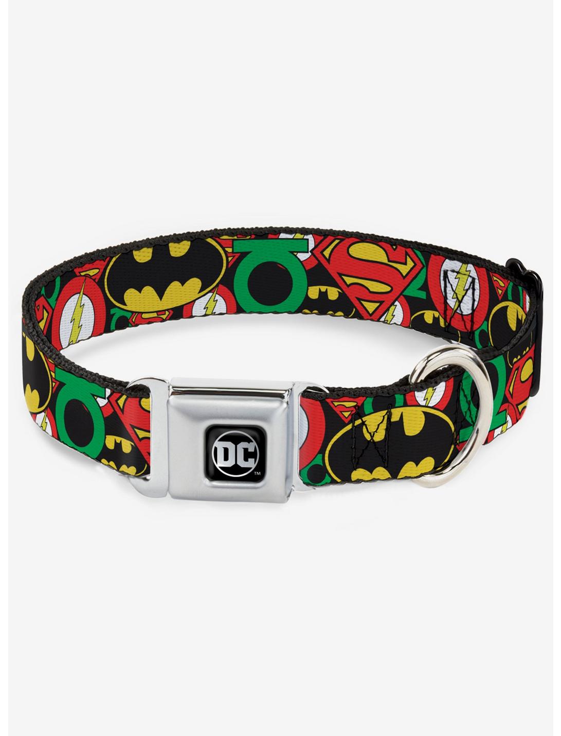 DC Comics Justice League Stacked Logos Seatbelt Buckle Dog Collar, MULTICOLOR, hi-res