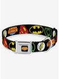 DC Comics Justice League Superhero Logos Close Up Black Seatbelt Buckle Dog Collar, BLACK, hi-res