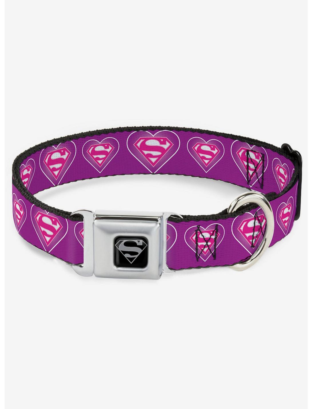 DC Comics Justice League Superman Logo In Heart Seatbelt Buckle Dog Collar, PURPLE, hi-res
