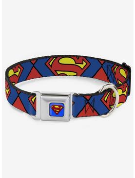 DC Comics Justice League Superman Shield Close Up Blue Red Yellow Seatbelt Buckle Dog Collar, , hi-res