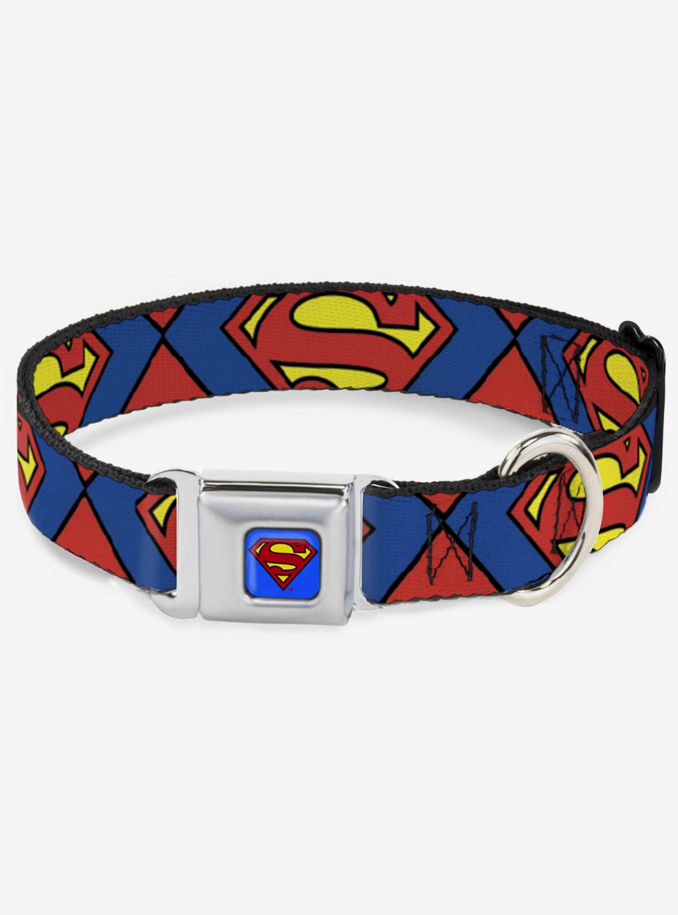 DC Comics Justice League Superman Shield Close Up Blue Red Yellow Seatbelt Buckle Dog Collar, , hi-res