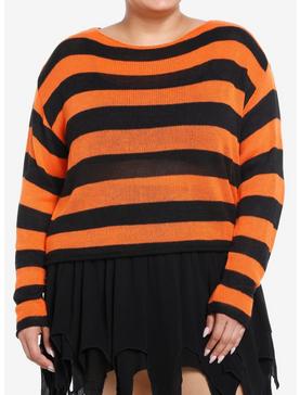 Social Collision Black & Orange Stripe Girls Crop Sweater Plus Size, , hi-res