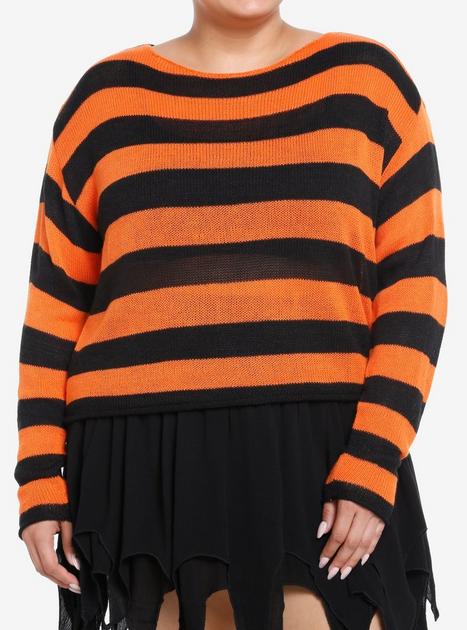 Social Collision Black Orange Stripe Girls Crop Sweater Plus