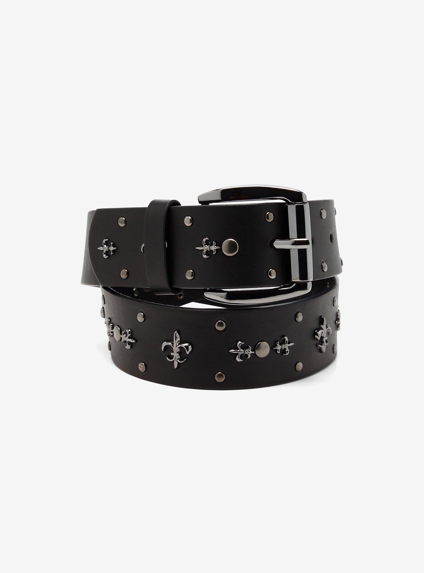 Black Fleur-De-Lis Grommet Belt, SILVER, hi-res