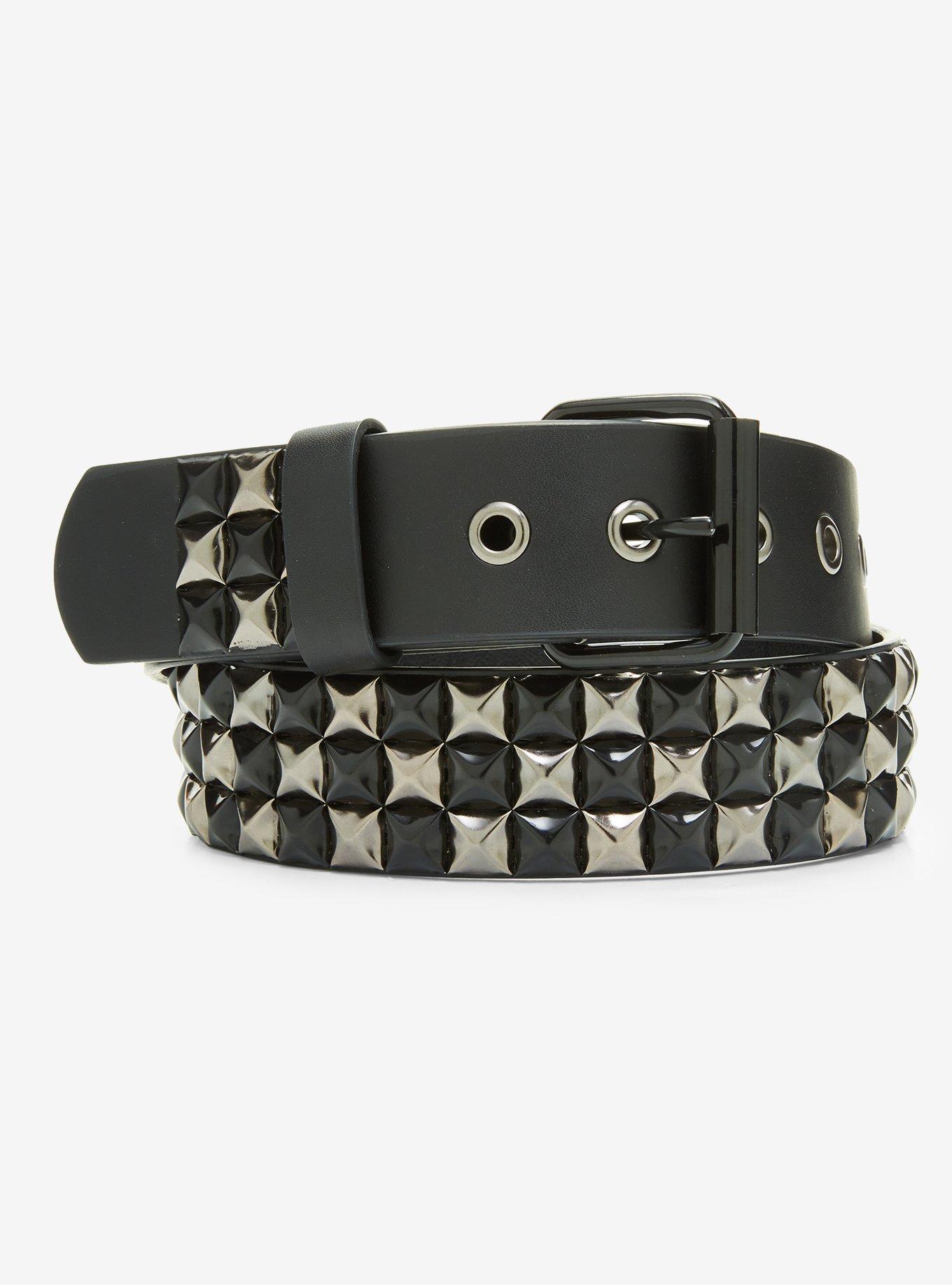 YYHJM 3 Row Pyramid Studded Belts Silver Stud Black Belt PU