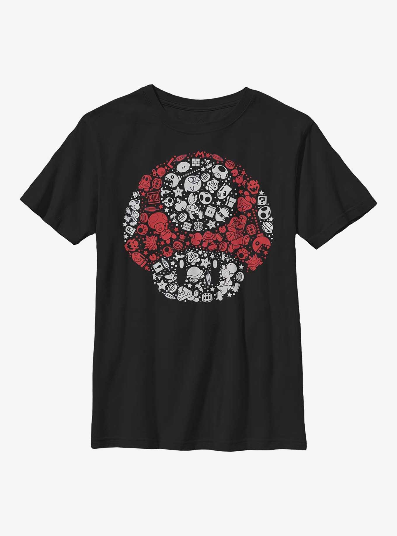 Nintendo Mario Red Mushroom Icons Youth T-Shirt, BLACK, hi-res