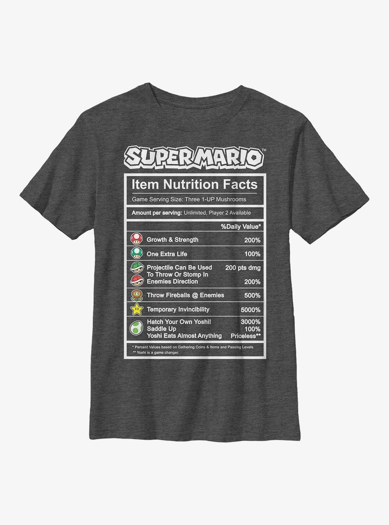 Nintendo Mario Nutrition Facts Youth T-Shirt, CHAR HTR, hi-res view 1