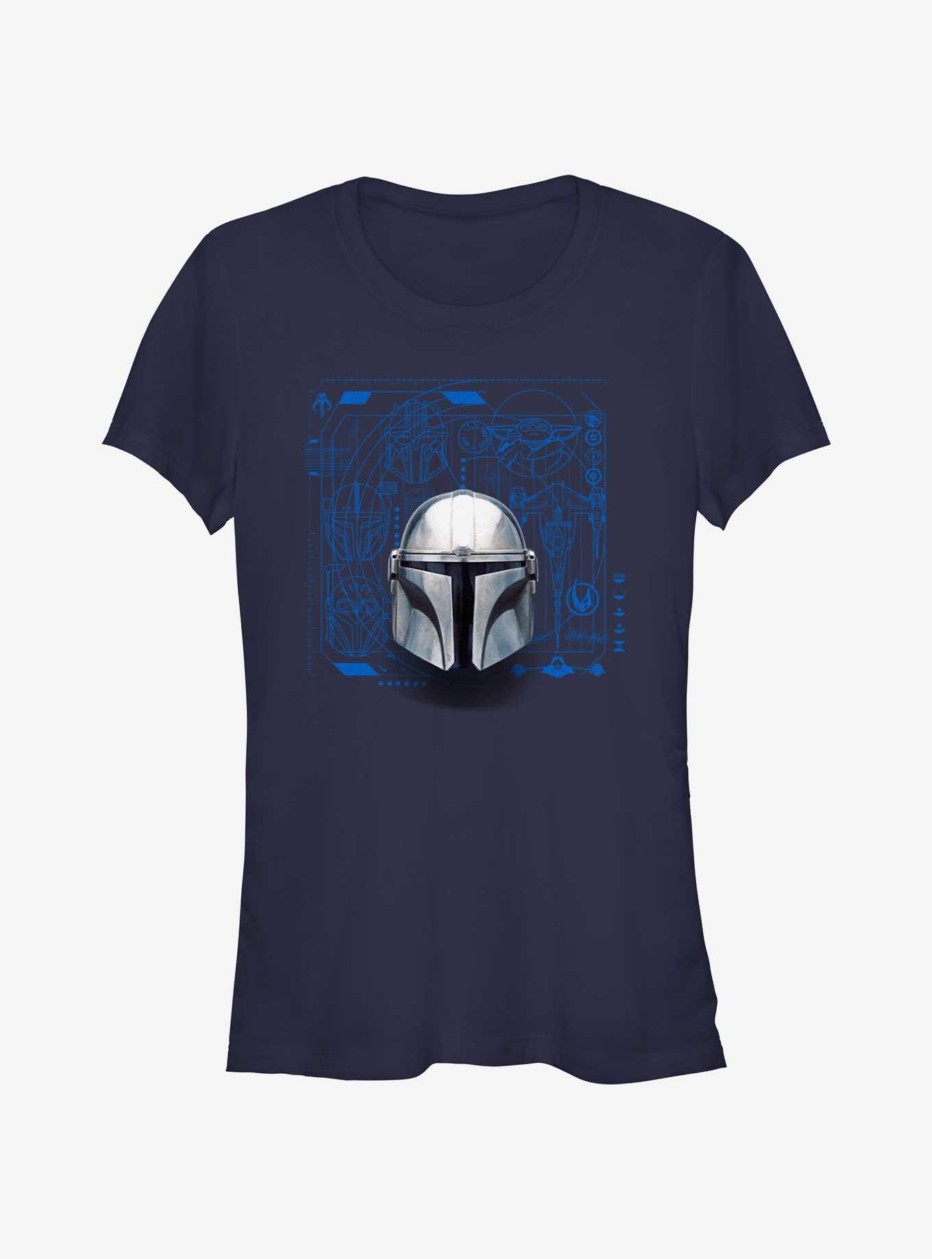 Star Wars The Mandalorian Mando Helmet Schematic Girls T-Shirt, NAVY, hi-res