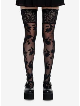 Black Floral Lace Thigh Highs, , hi-res