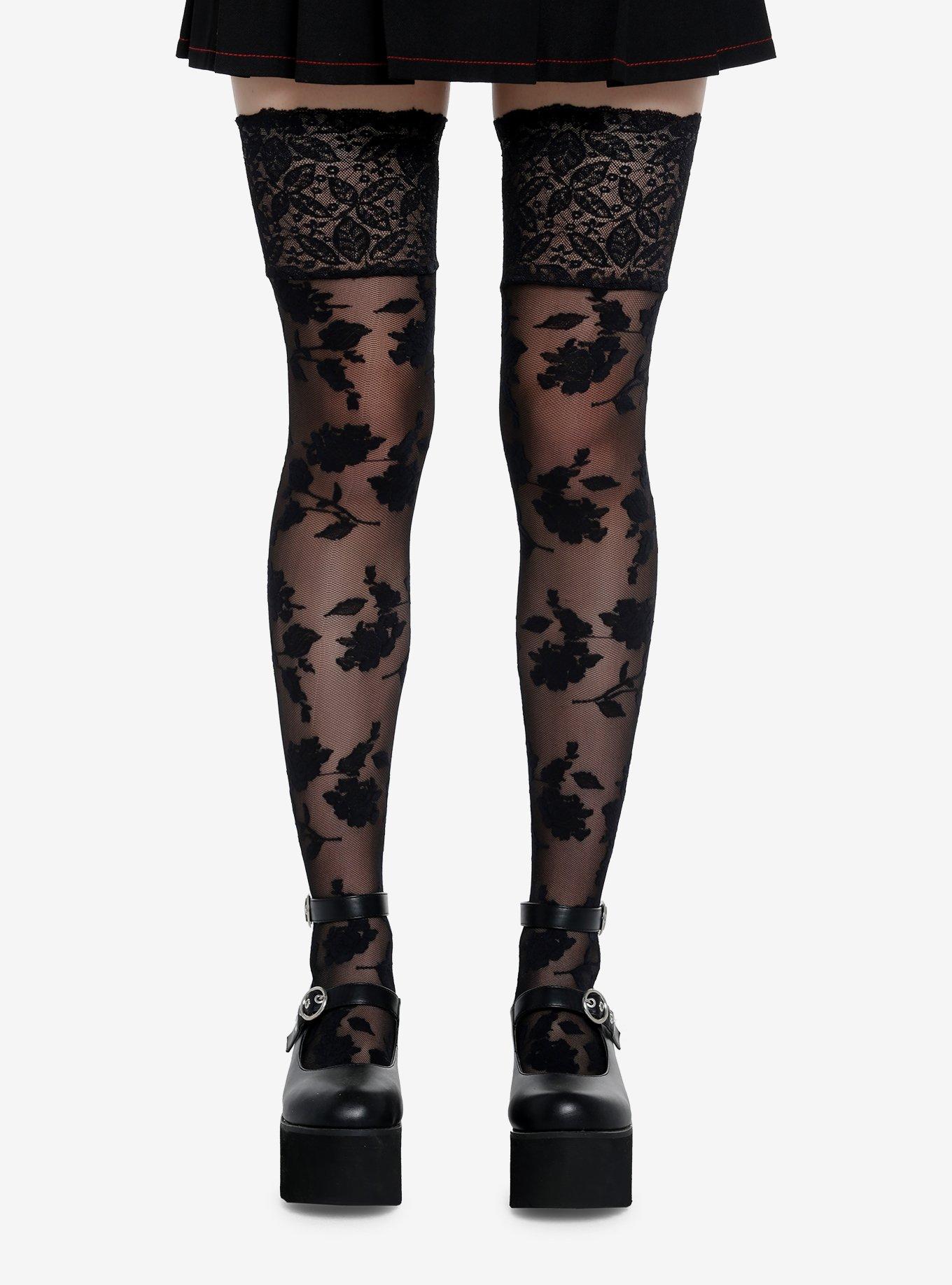 Black Floral Lace Thigh Highs, , hi-res