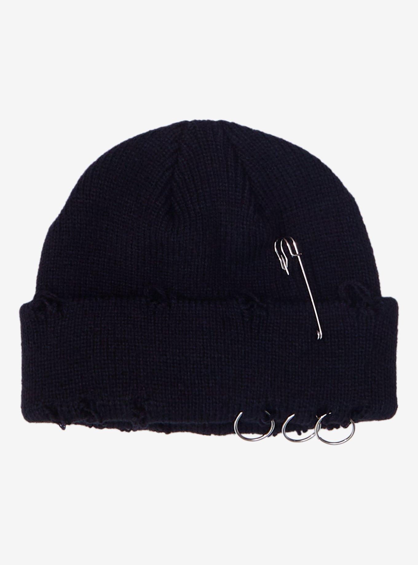 Black Knit Distressed Pierced Beanie, , hi-res