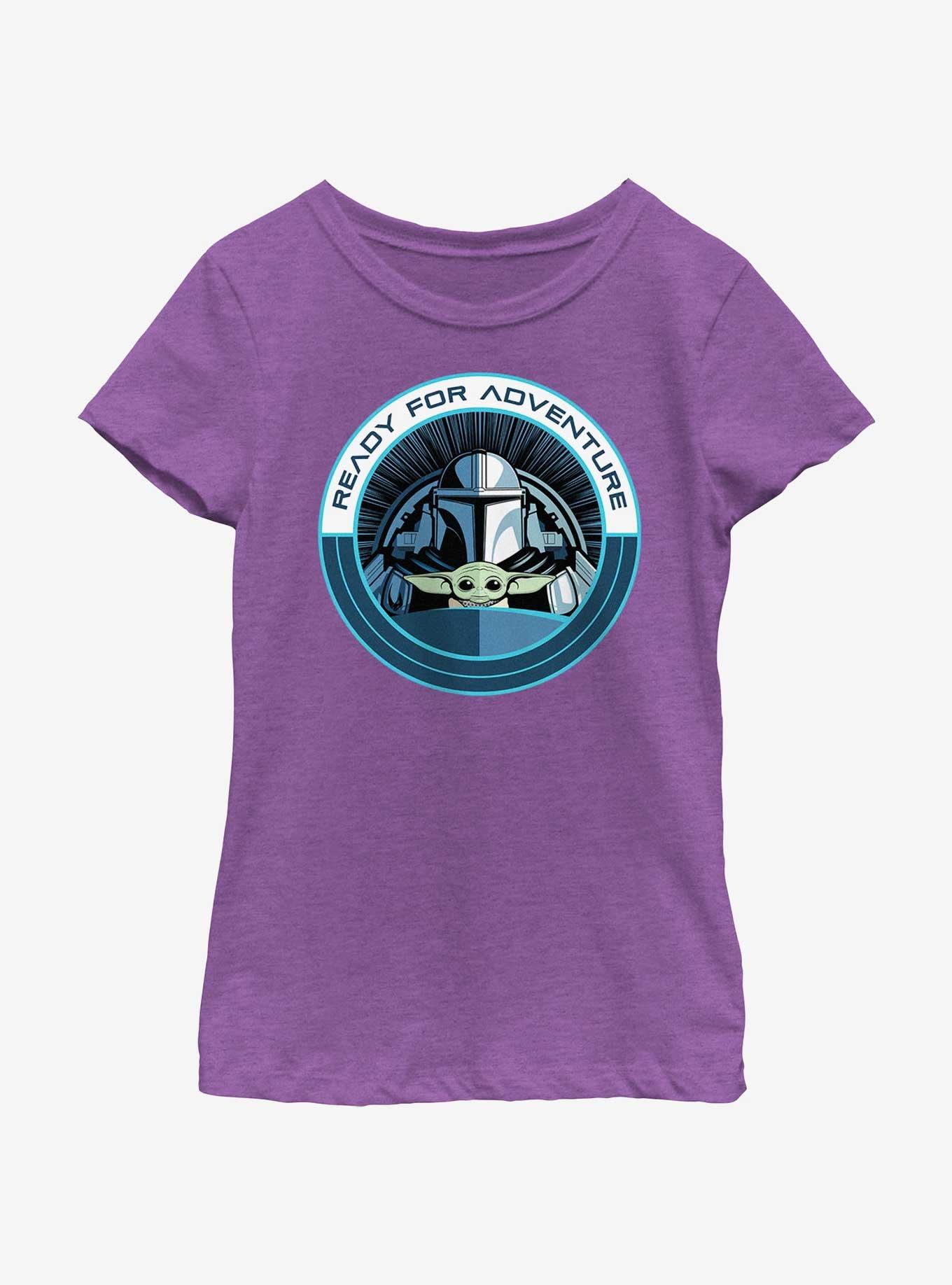 Star Wars The Mandalorian Grogu & Mando Ready For Adventure Badge Youth Girls T-Shirt, PURPLE BERRY, hi-res