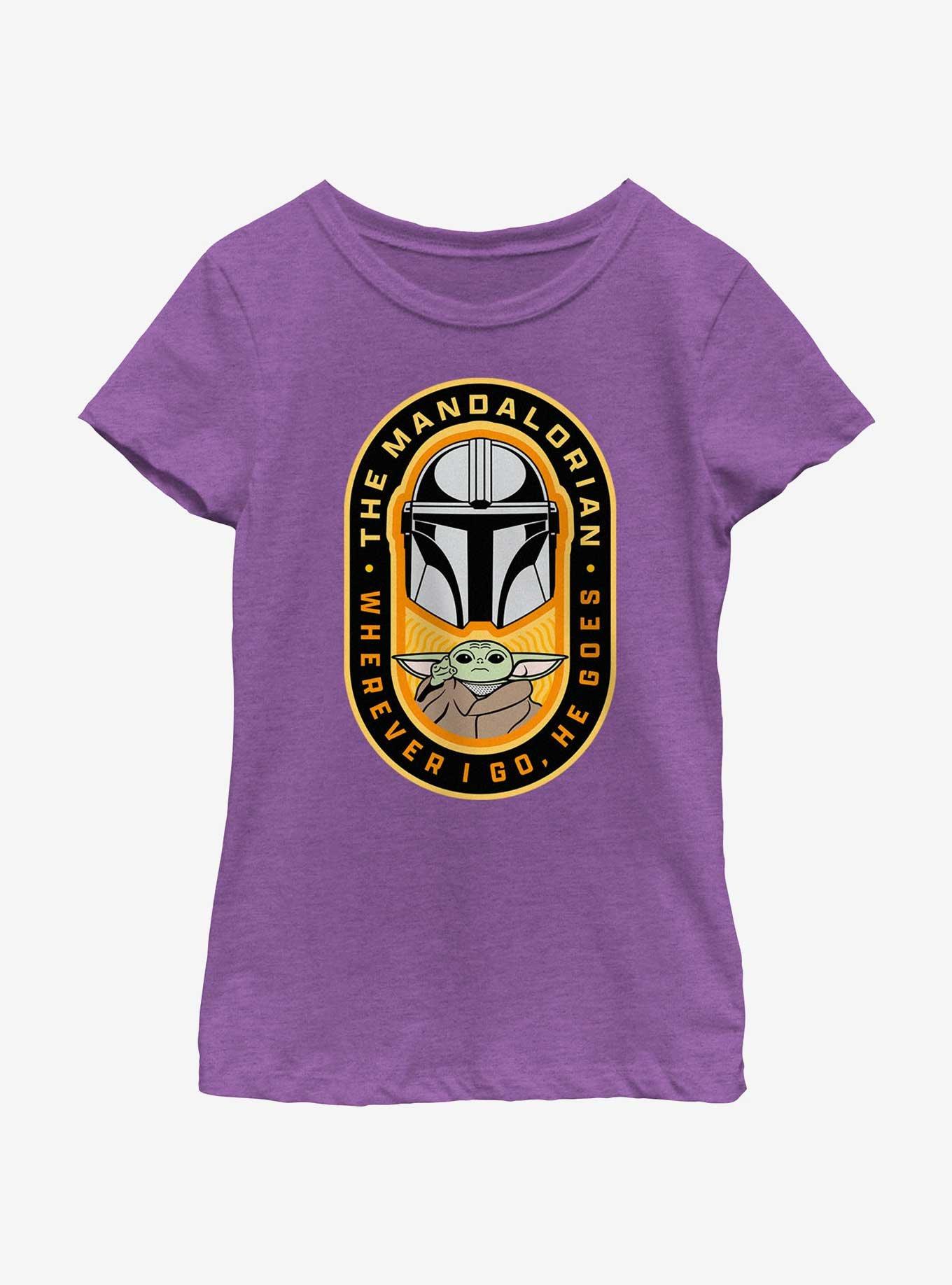 Star Wars The Mandalorian Where I Go, He Goes Badge Youth Girls T-Shirt, PURPLE BERRY, hi-res