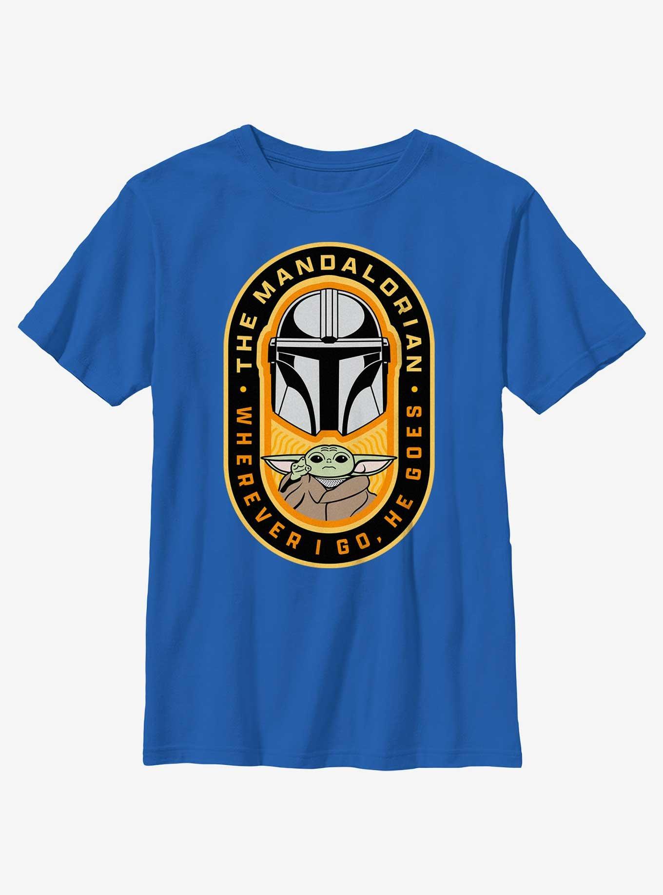 Star Wars The Mandalorian Where I Go, He Goes Badge Youth T-Shirt, , hi-res