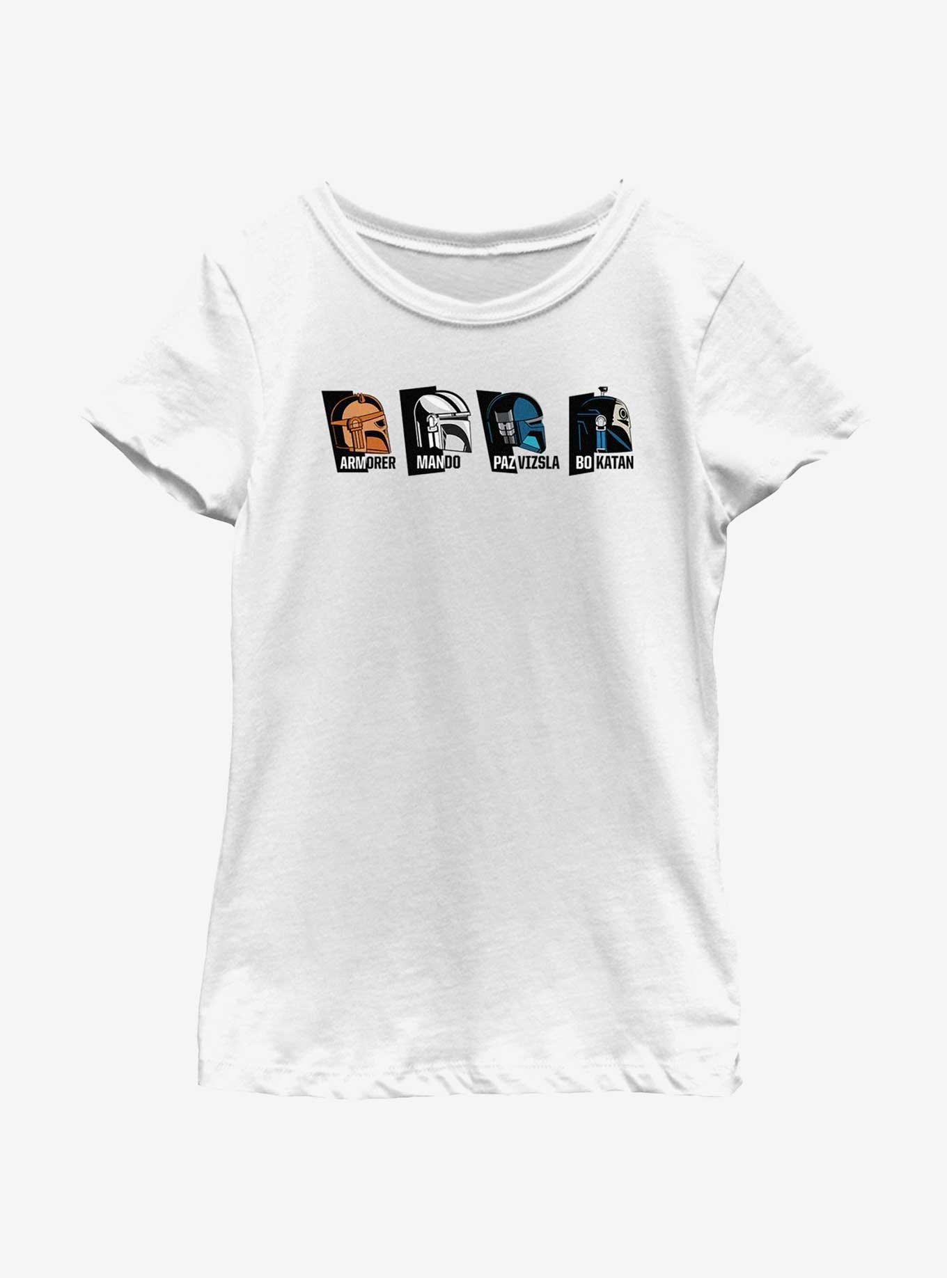 Star Wars The Mandalorian Helmet Heads Armorer, Mando, Paz Vizsla & Bo-Katan Youth Girls T-Shirt, , hi-res