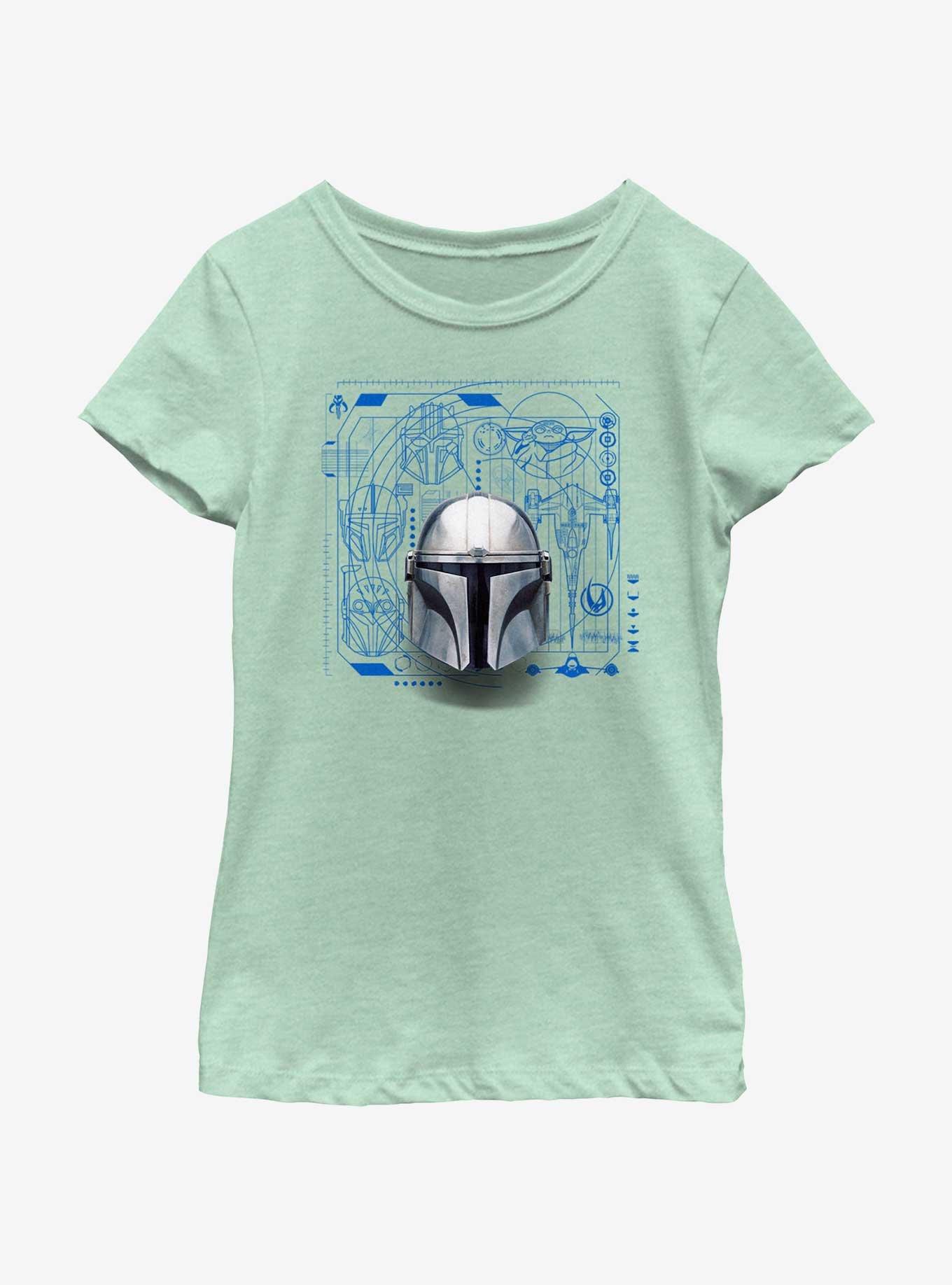 Star Wars The Mandalorian Helmet Schematic Youth Girls T-Shirt, , hi-res