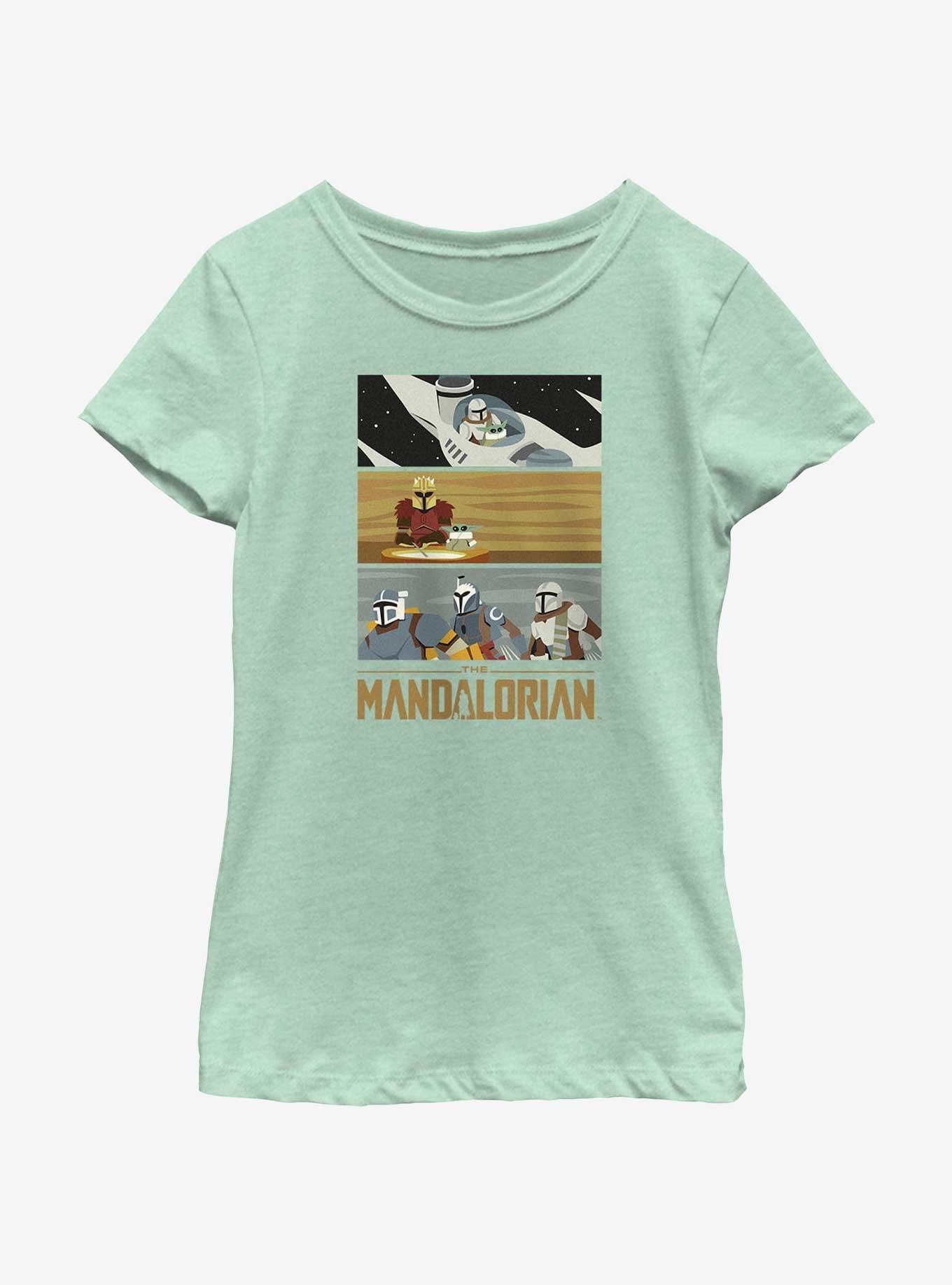 Star Wars The Mandalorian Grogu & Mando Scene Panels Youth Girls T-Shirt, MINT, hi-res