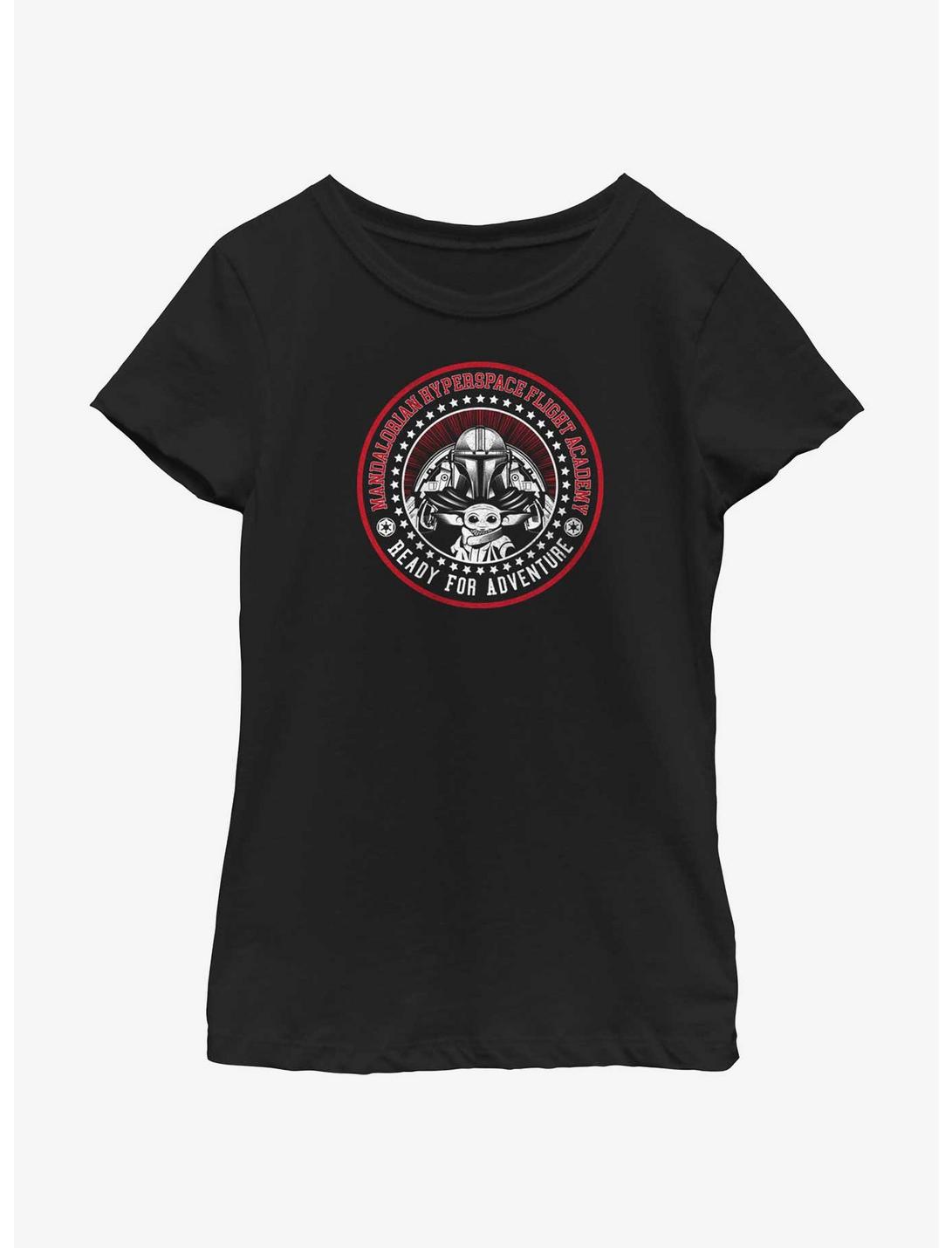Star Wars The Mandalorian Hyperspace Flight Academy Badge Youth Girls T-Shirt, BLACK, hi-res