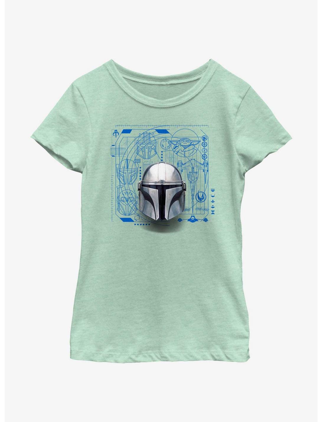 Star Wars The Mandalorian Helmet Schematic Youth Girls T-Shirt, MINT, hi-res