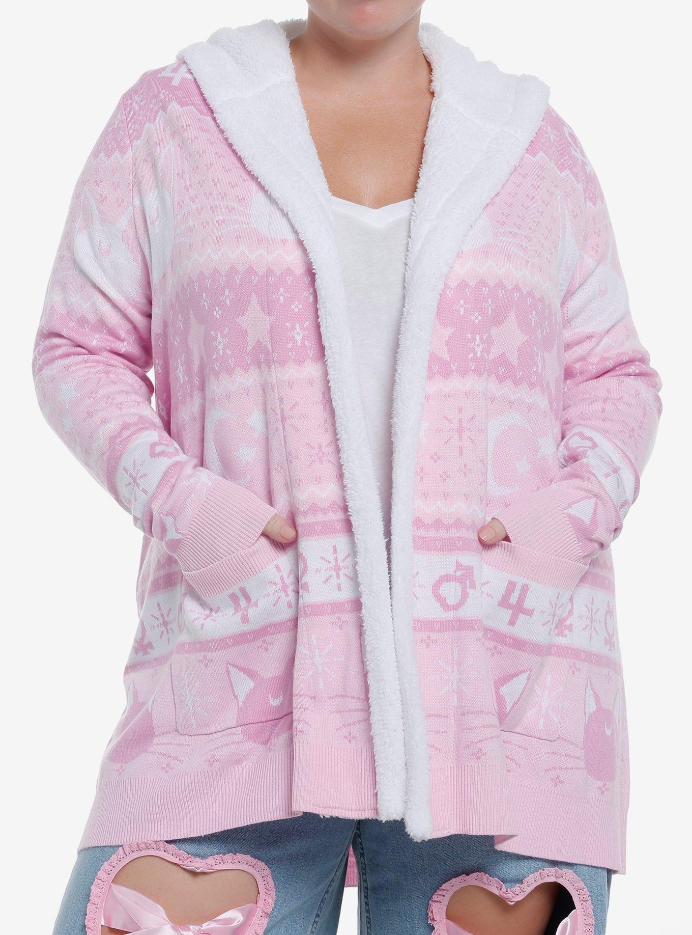 Pretty Guardian Sailor Moon Pink Fair Isle Sherpa Girls Open Cardigan Plus Size, WHITE, hi-res