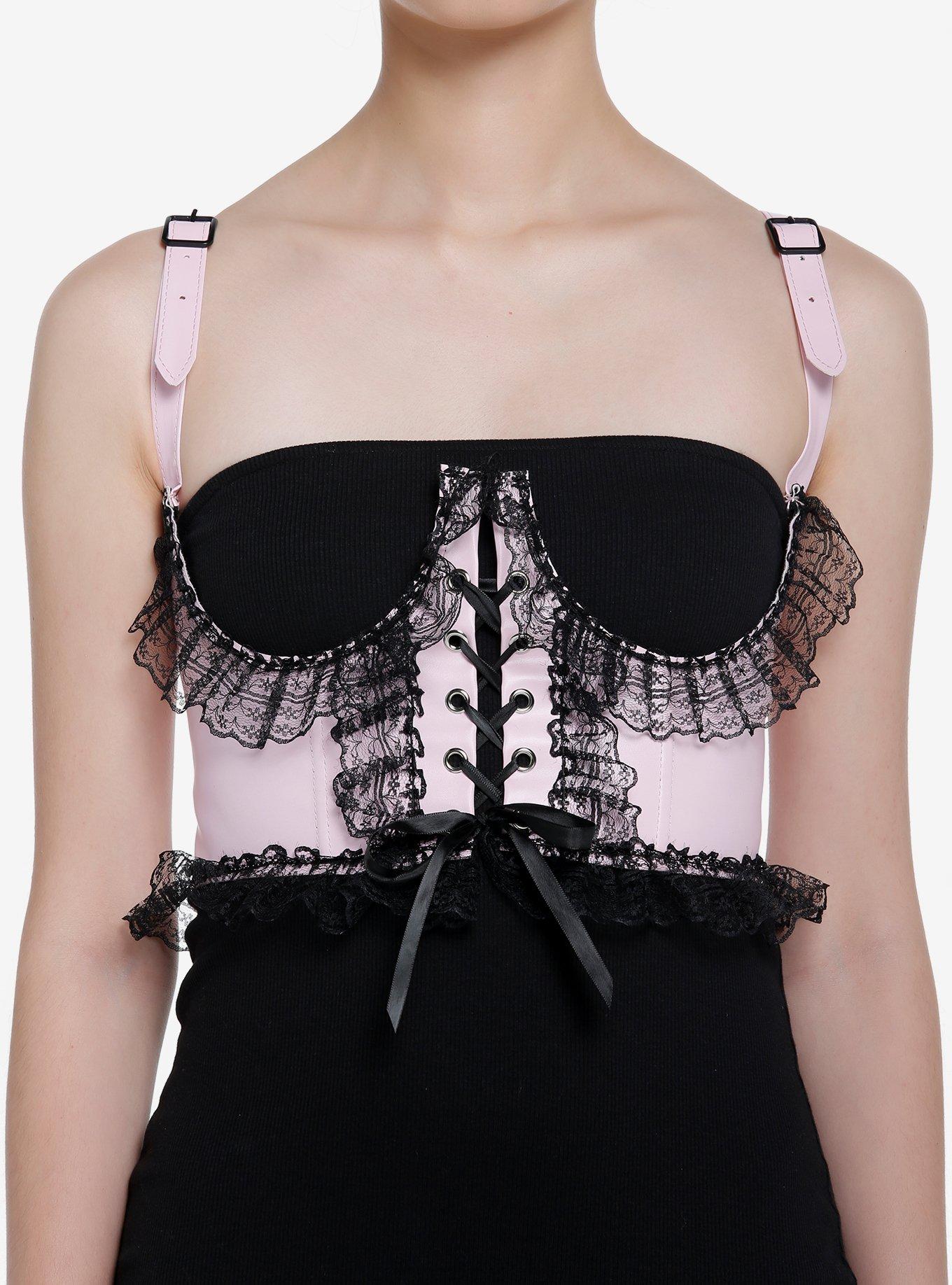 Pink Satin Black Lace Underbust Corset Harness