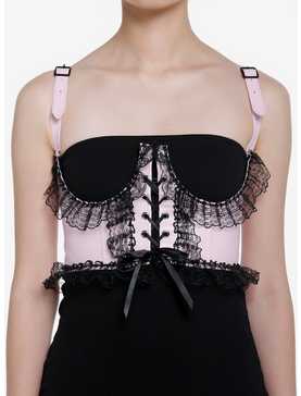 Pink Satin Black Lace Underbust Corset Harness, , hi-res