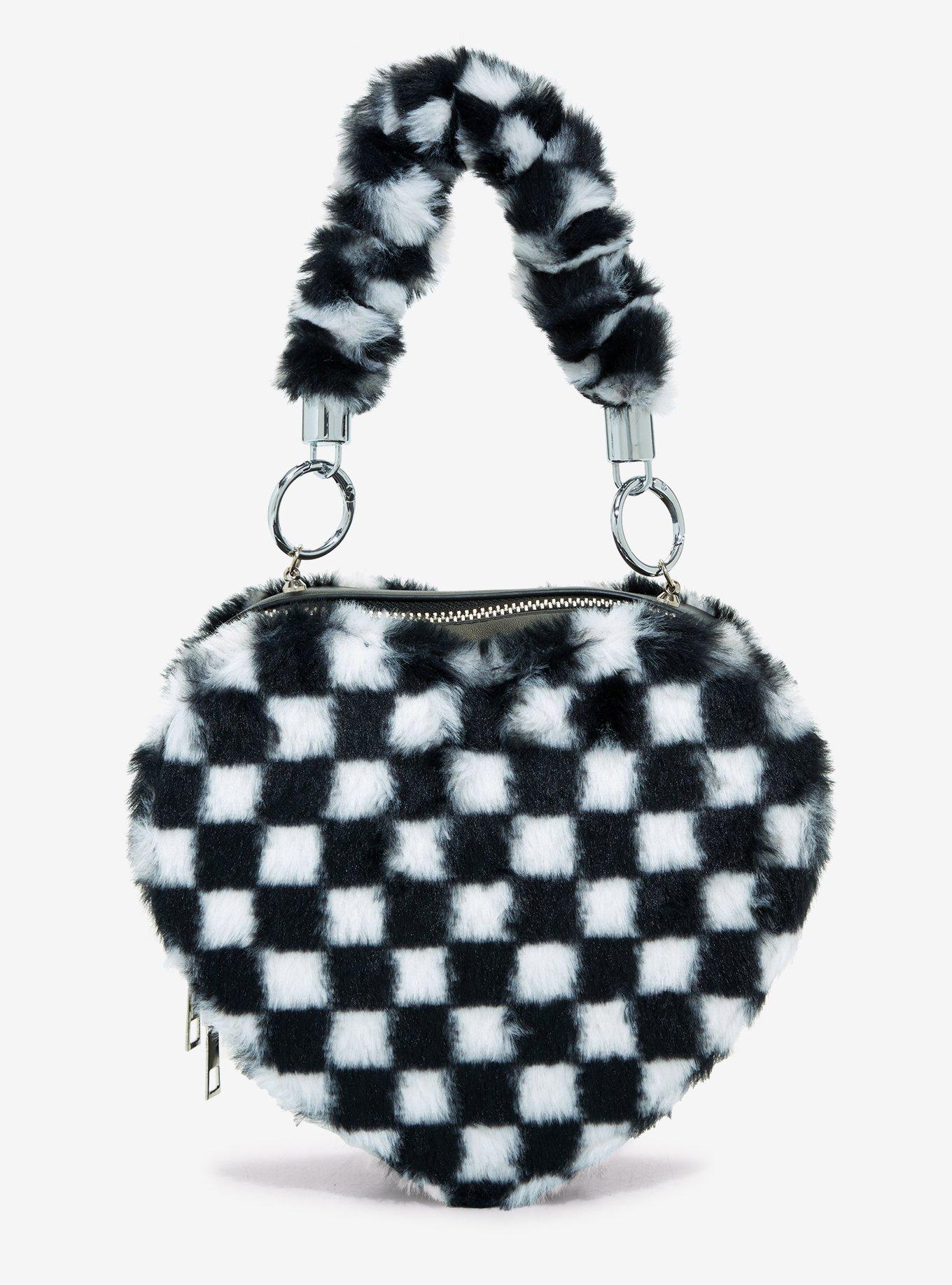 Black & White Checkered Fuzzy Heart Crossbody Bag, , hi-res