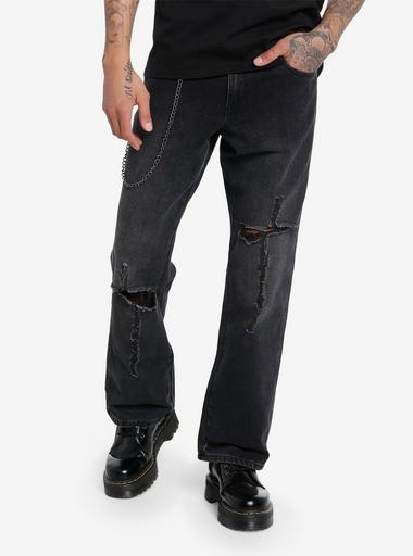 Black Destructed Cross Denim Pants