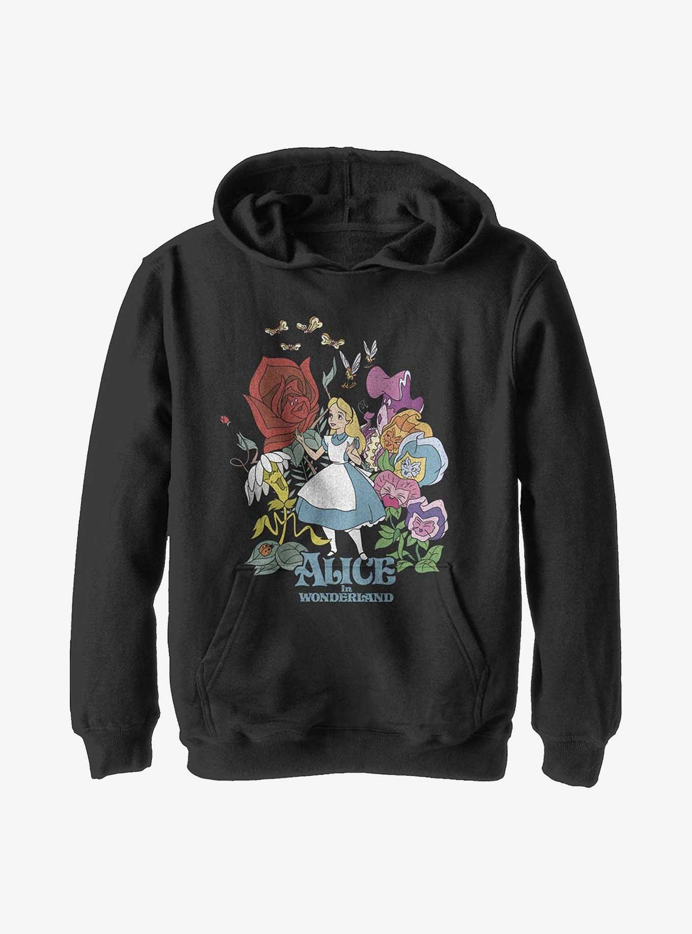 [ NERDY ]★DISNEY X NERDY BOUCLE PULLOVER HOODIE (ALICE) Disney Alice In Wonderland Flower Love Youth Hoodie - BLACK