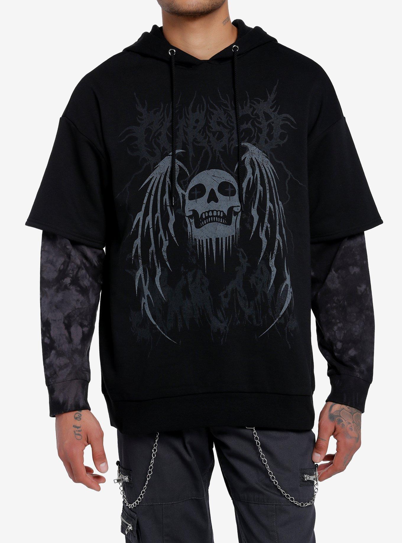 Winged Skull Cursed Twofer Hoodie, BLACK, hi-res