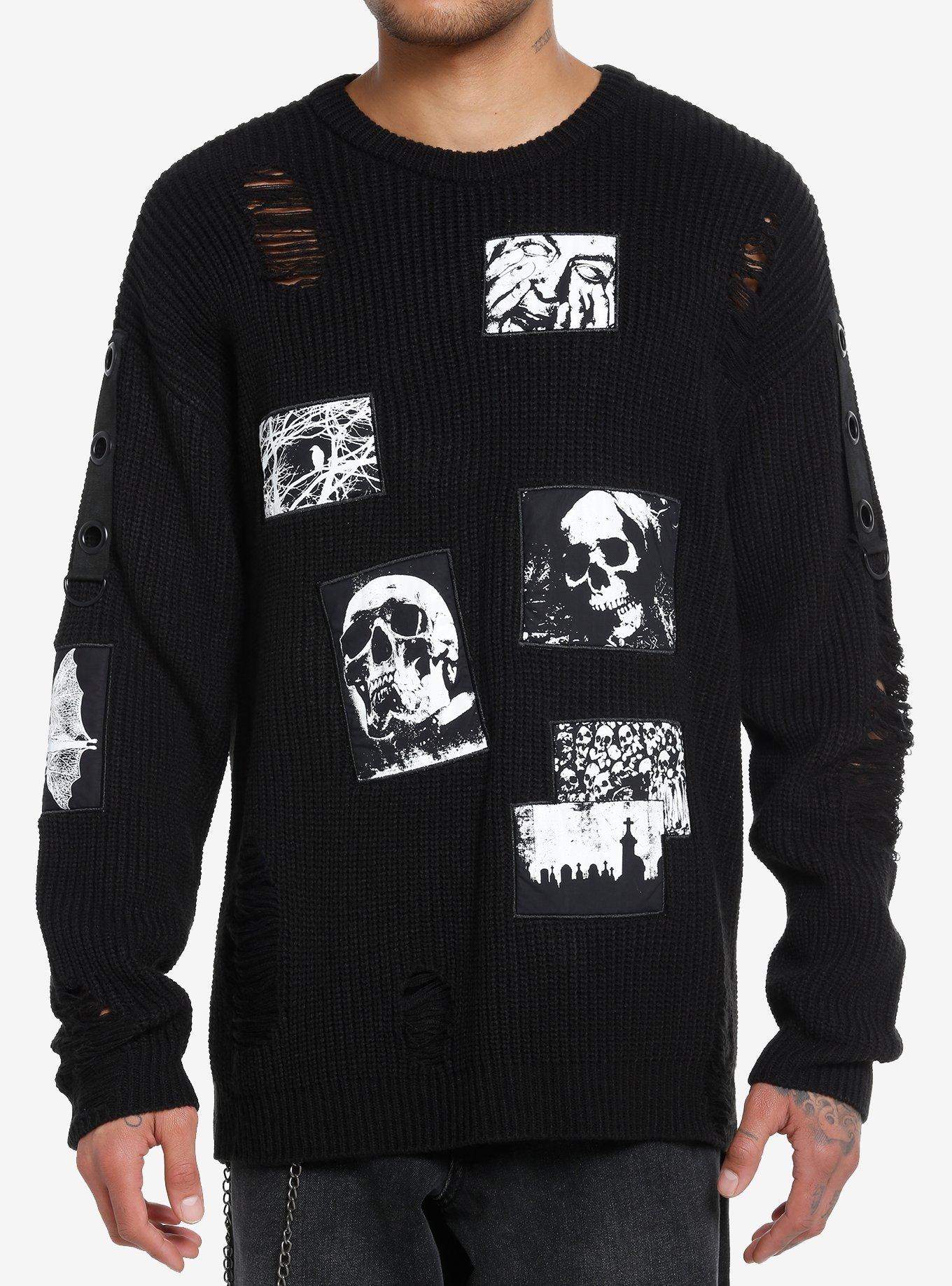 Social Collision Dark Skull Patch Distressed Knit Sweater | Hot Topic