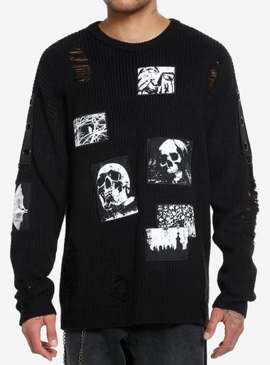 トップス Distressed Cross Leather Patch Crew Knit DISTRESSED CROSS LEATHER PATCH KNIT -BLACK- | WALKIN STORE