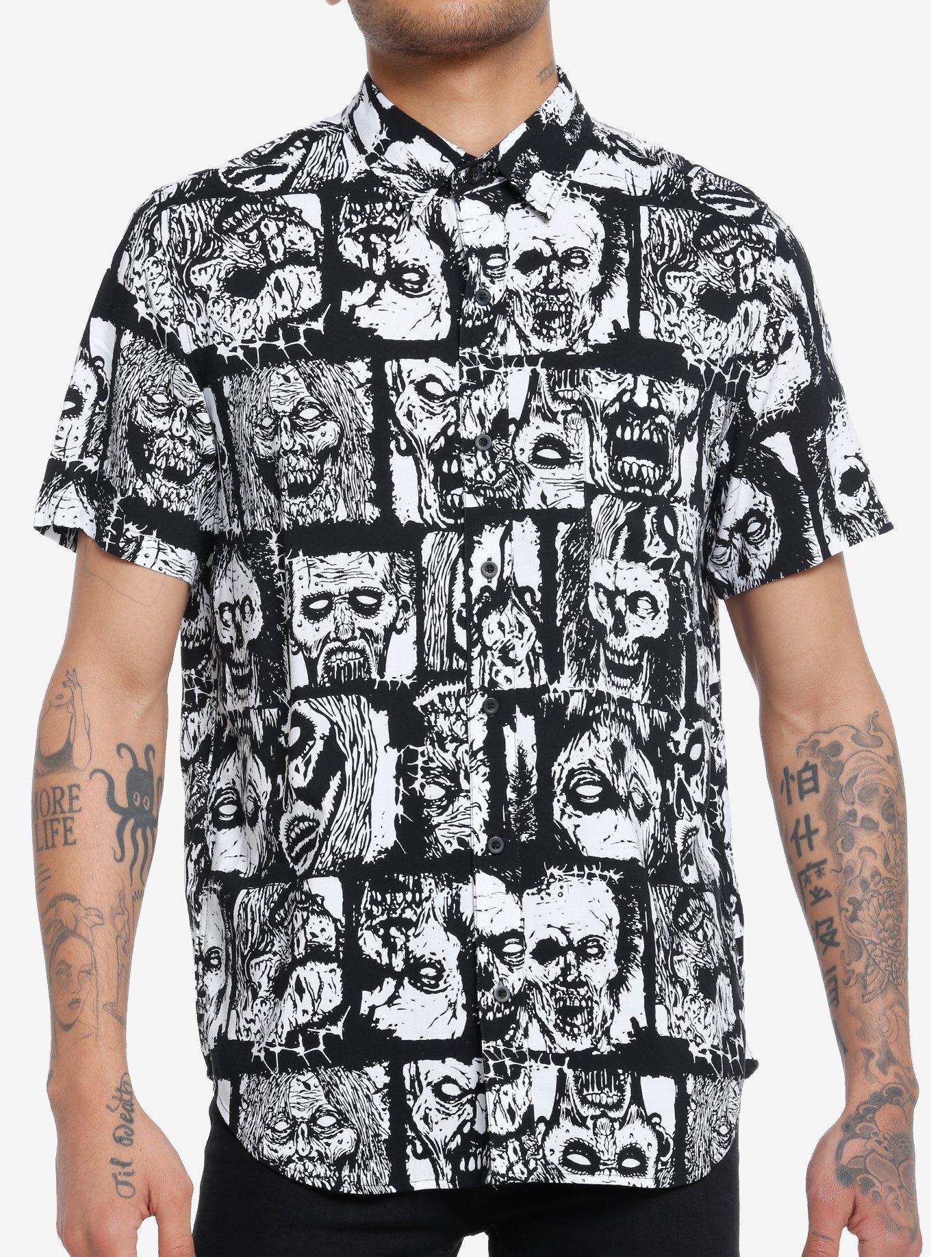 Zombie Faces Woven Button-Up, BLACK  WHITE, hi-res