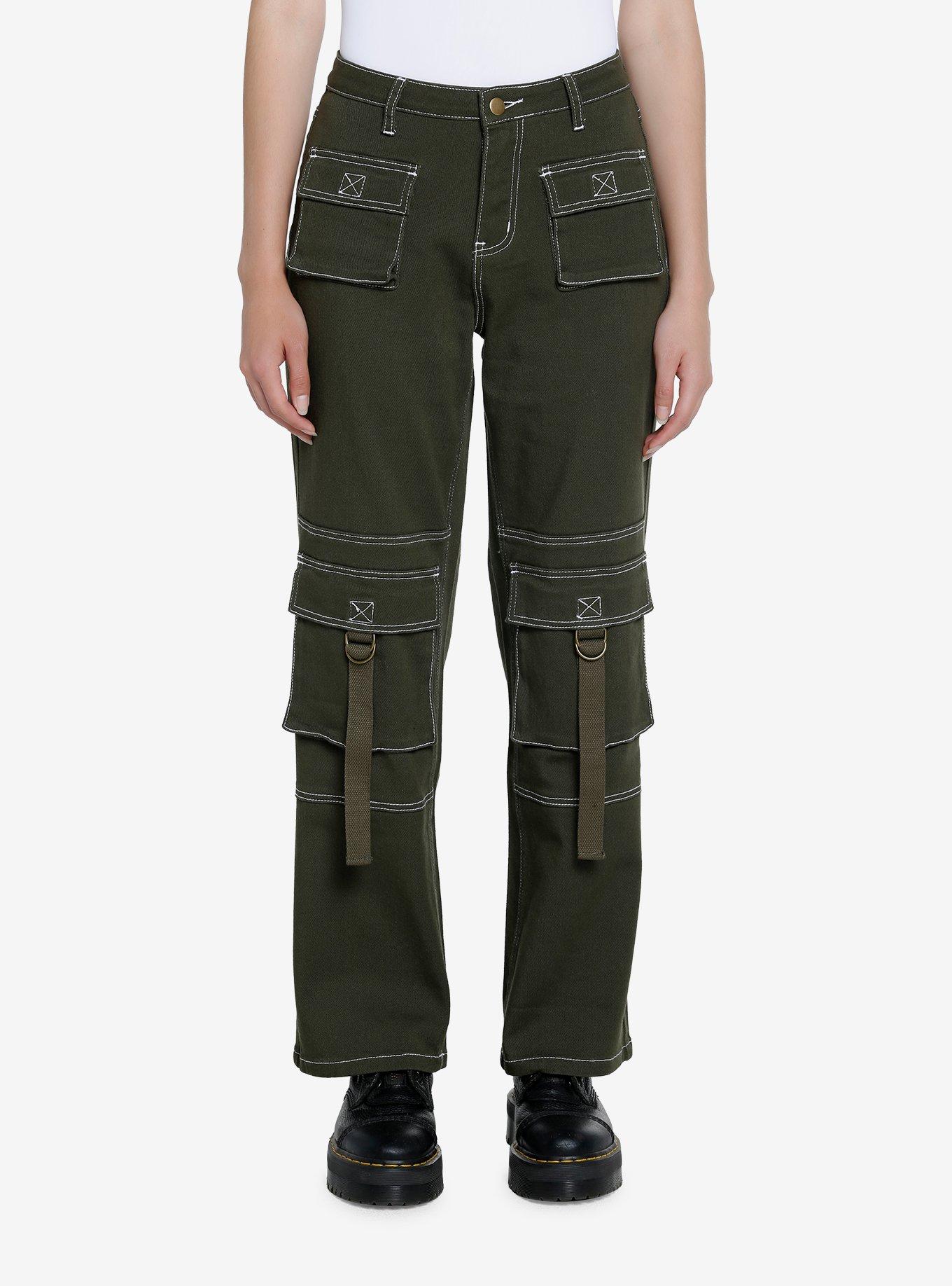 Green & White Contrast Stitch Strap Carpenter Pants, , hi-res
