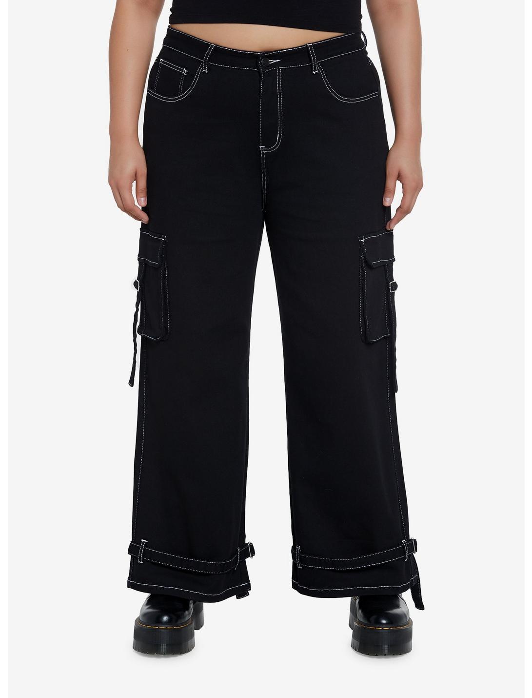 Black & White Contrast Stitch Strap Carpenter Pants Plus Size, BLACK  WHITE, hi-res