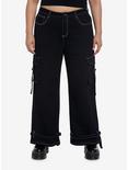 Black & White Contrast Stitch Strap Carpenter Pants Plus Size, BLACK  WHITE, hi-res
