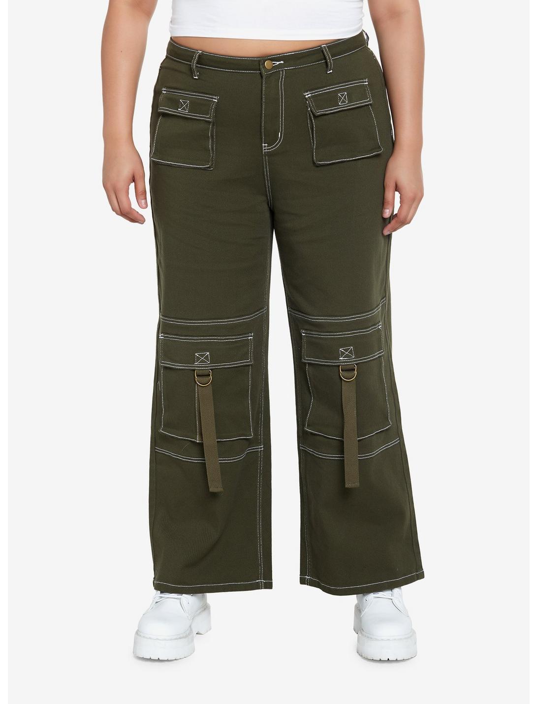 Green & White Contrast Stitch Strap Carpenter Pants Plus Size, GREEN, hi-res