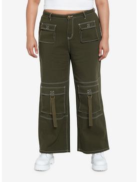 Green & White Contrast Stitch Strap Carpenter Pants Plus Size, , hi-res