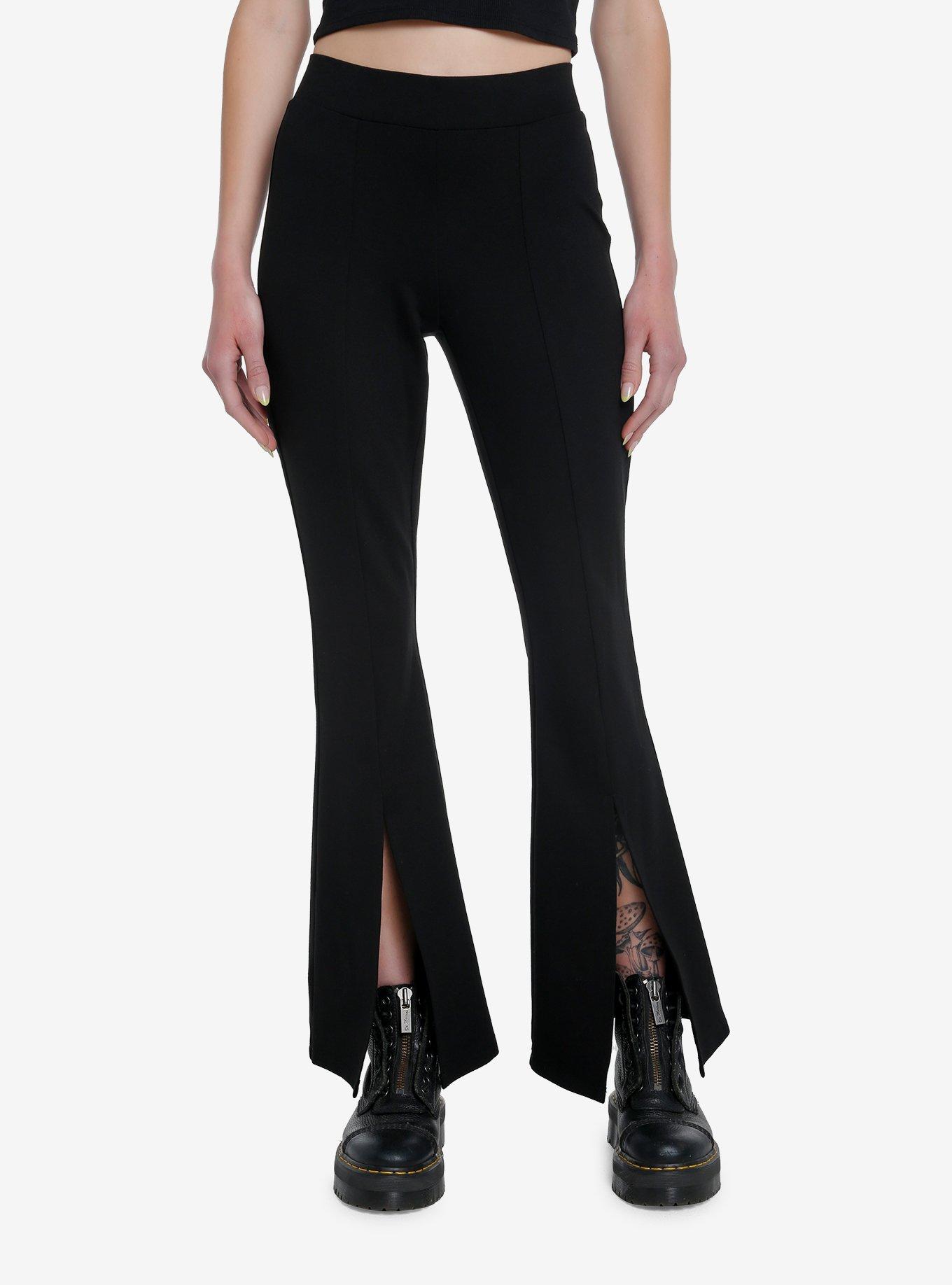Black Front Slit Flare Pants, BLACK, hi-res