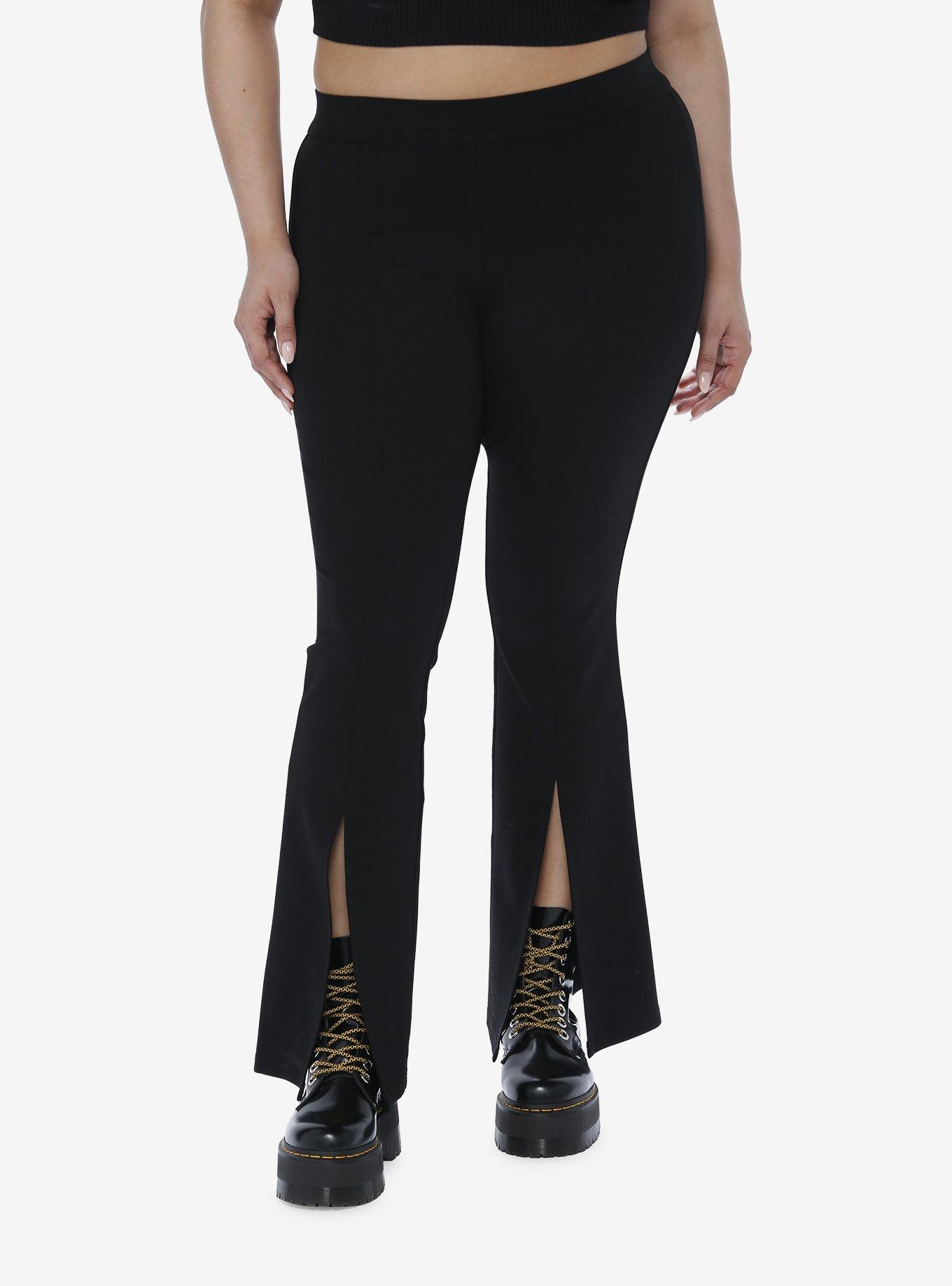 Black Front Slit Flare Pants Plus Size, BLACK, hi-res