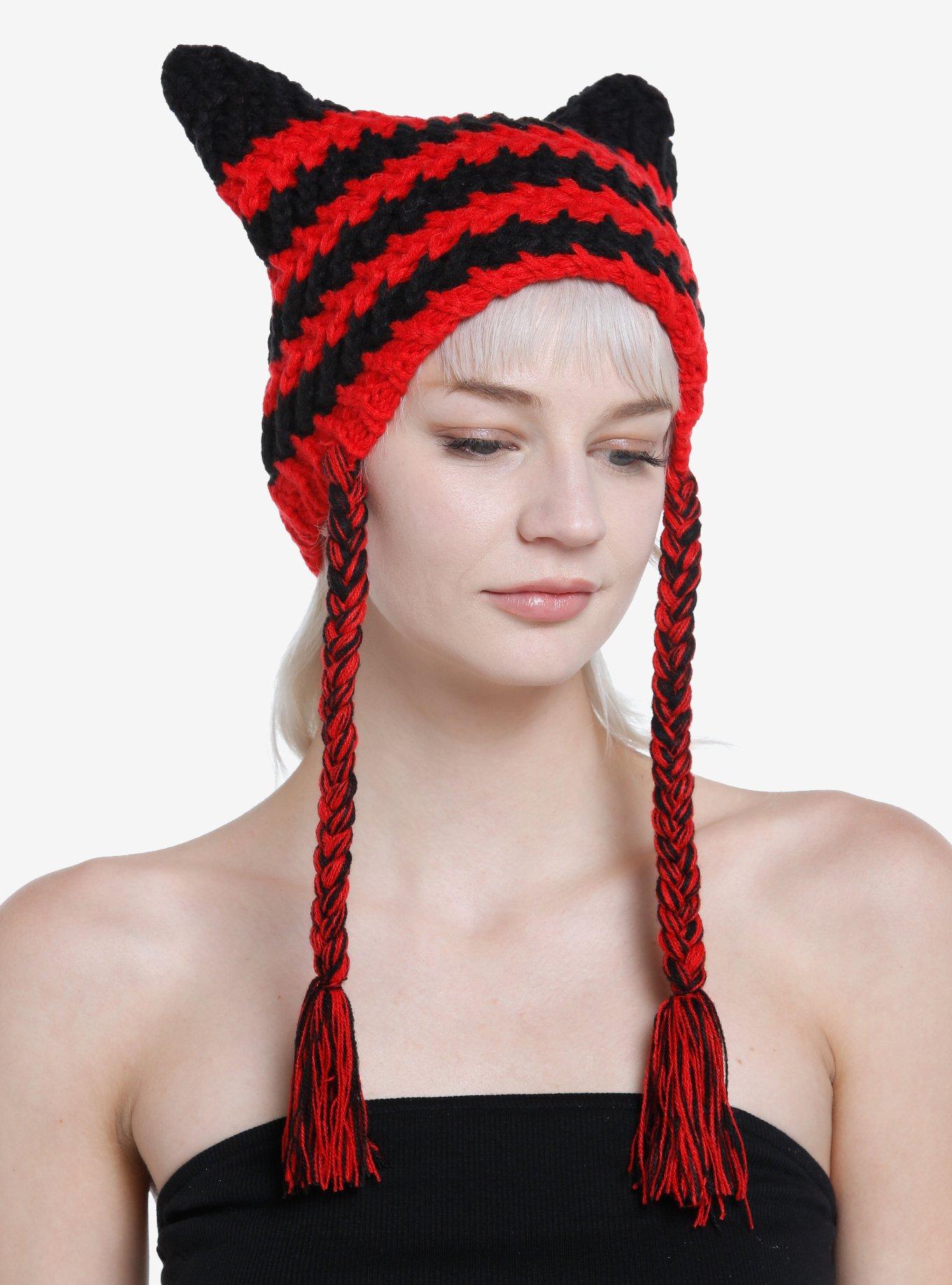 Red & Black Cat Ear Tassel Beanie, , hi-res