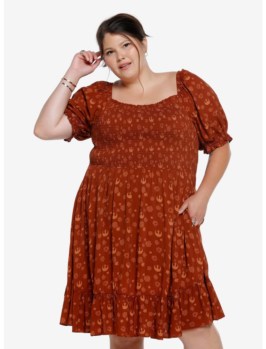 Her Universe Star Wars Rebellion Floral Allover Print Plus Size Smock Dress - BoxLunch Exclusive, RUST, hi-res